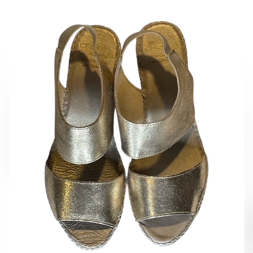 Andre Assous Metallic Platinum Rebecca Espadrille Platform Wedge Sandals